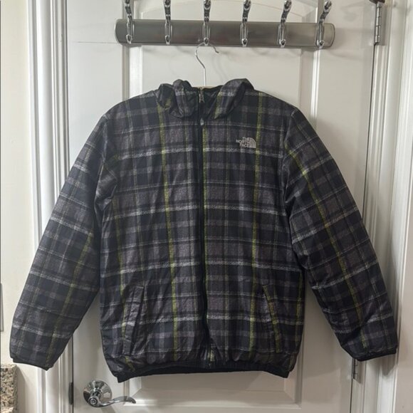 The North Face Black Plaid Reversible Down Hooded Puffer Jacket Coat Boys XL - Picture 6 of 11